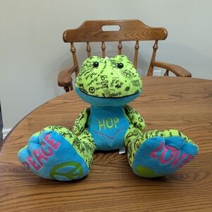 Big Foot Brand Green and Blue Frog Plush Toy. Hippi Vibes. 14 Inches. Love Peace